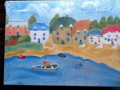 Boats with Fish Naive Painting