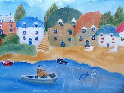Boats with Fish Naive Painting
