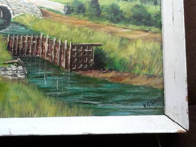 Naive Art English Cottages with river and bridge Painting Oil on board