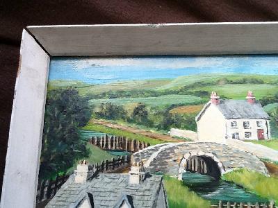 Naive Art English Cottages with river and bridge Painting Oil on board