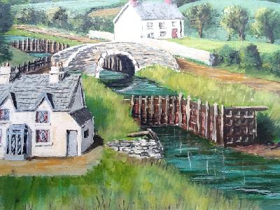 Naive Art English Cottages with river and bridge Painting Oil on board