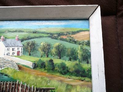 Naive Art English Cottages with river and bridge Painting Oil on board