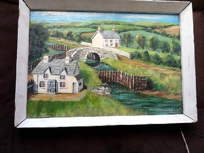 Naive Art English Cottages with river and bridge Painting Oil on board