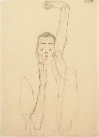 egon schiele Young Man With A Raised Arm And Red Mouth print