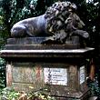 Marble statue of a sleeping lion. The statue, lying on top of George Wombwell's tomb in Highgate Cemetery depicts Nero his pet lion - March 09