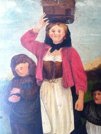 Old Naive Painting Children with Cat