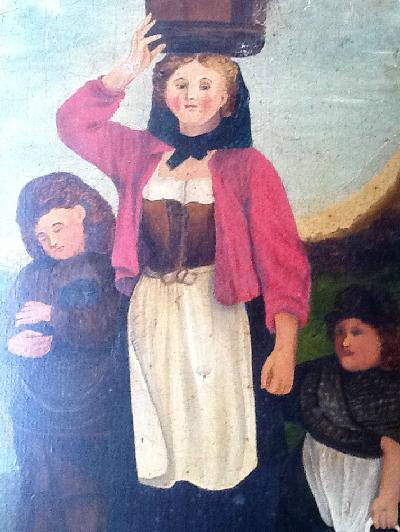 Old Naive Painting Children with Cat