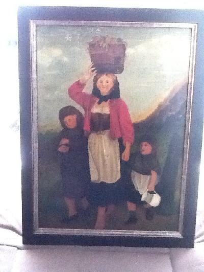 Old Naive Painting Children with Cat