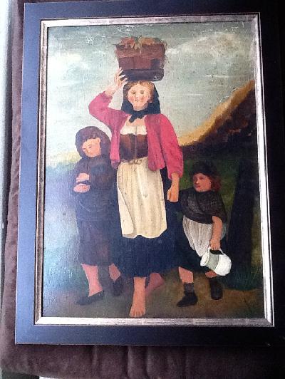Old Naive Painting Children with Cat