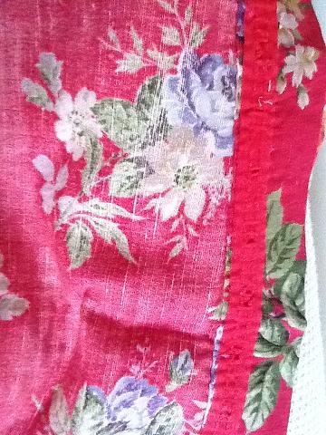 vintage curtains blue and yellow roses on red background