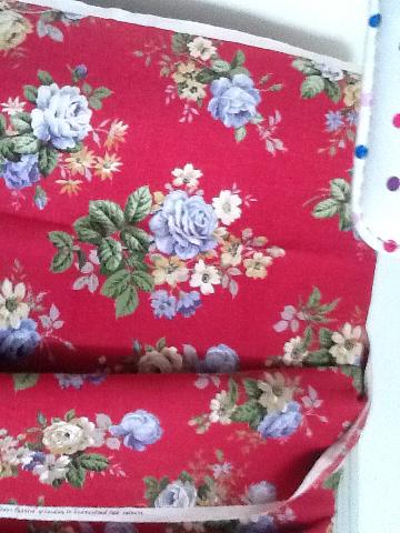 vintage curtains blue and yellow roses on red background