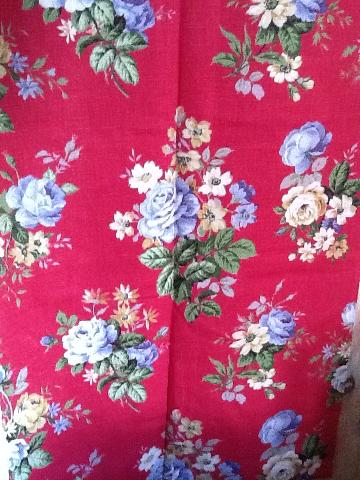 vintage curtains blue and yellow roses on red background